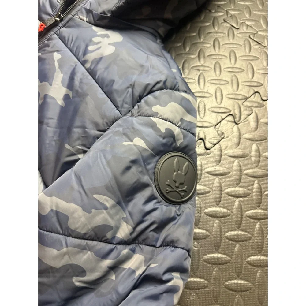 Psycho Bunny Mens Camo Hooded Puffer Jacket Blue Grey XS B6N809U1NL NEW